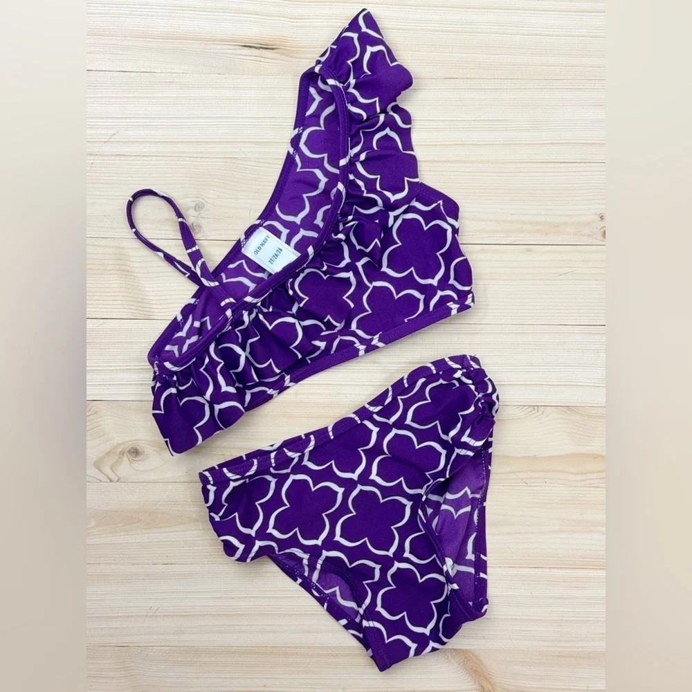 Old Navy Purple Geometric Bikini Set Girls 2T Ruffle Swimwear Beach Pool